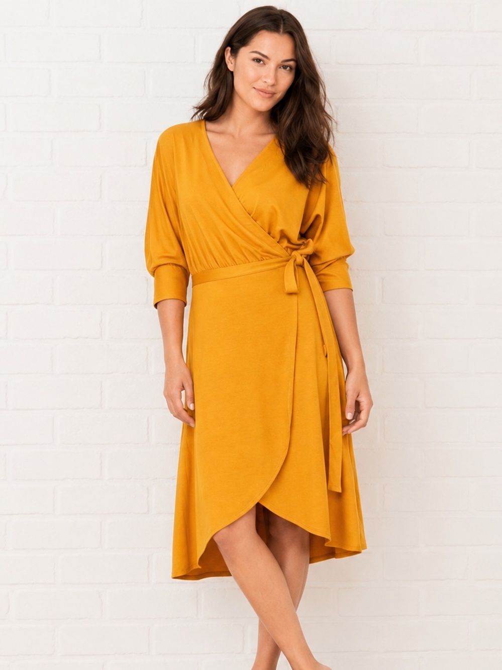 a new day Mustard Wrap Midi Dress with Tie Waist